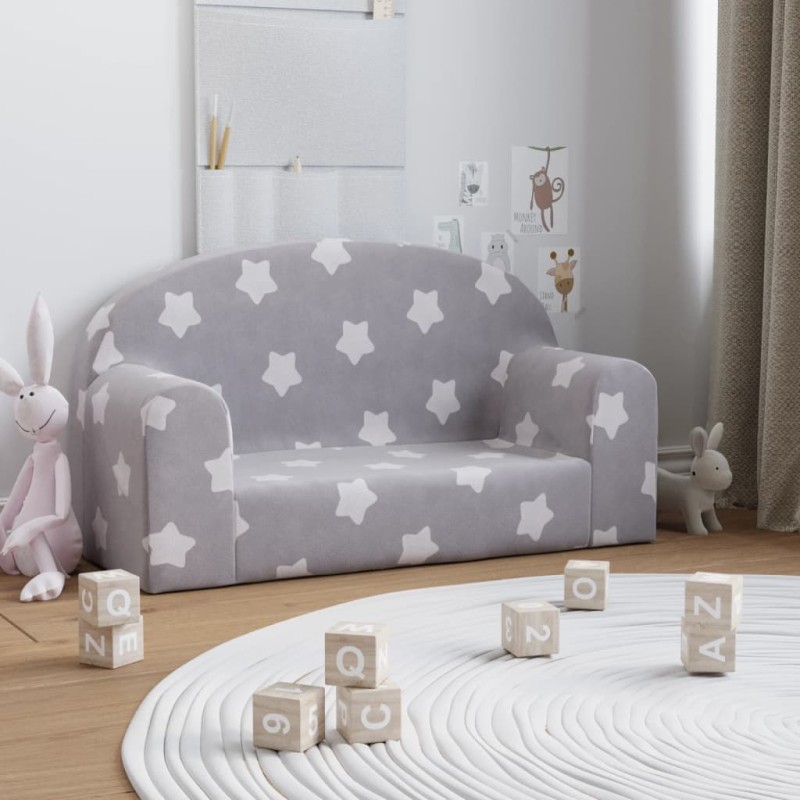 vidaXL Sofá infantil de 2 plazas gris claro con estrellas felpa suave vidaXL Sofá infantil de 2 plazas gris claro con estrellas felpa suave