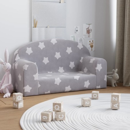 vidaXL Sofá infantil de 2 plazas gris claro con estrellas felpa suave