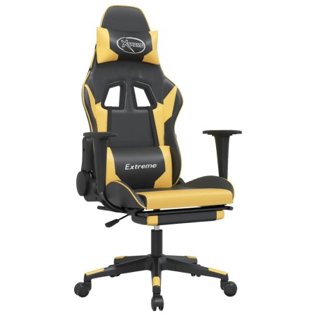 vidaXL Silla gaming masaje y reposapiés cuero sintético negro dorado