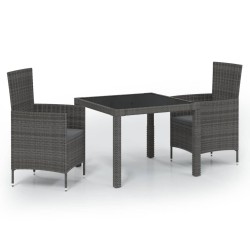 vidaXL Set de comedor de jardín 3 pzas y cojines ratán sintético gris