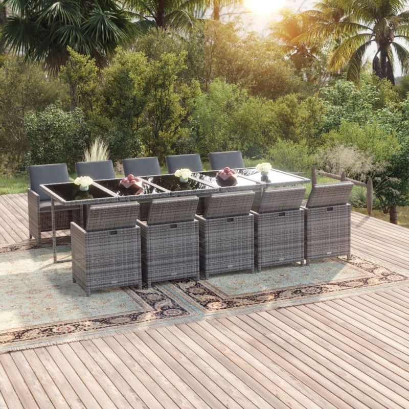 vidaXL Set comedor jardín 11 pzas con cojines ratán sintético gris vidaXL Set comedor jardín 11 pzas con cojines ratán sintético gris