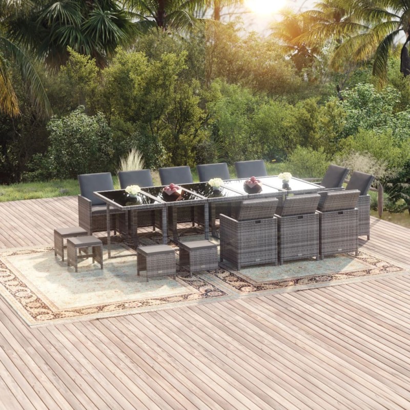 vidaXL Set comedor jardín 15 pzas y cojines ratán sintético gris vidaXL Set comedor jardín 15 pzas y cojines ratán sintético gris