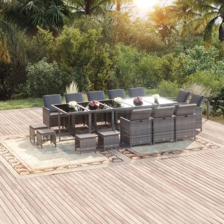 vidaXL Set comedor jardín 15 pzas y cojines ratán sintético gris