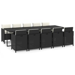 vidaXL Set de comedor jardín 11 pzas con cojines ratán sintético negro