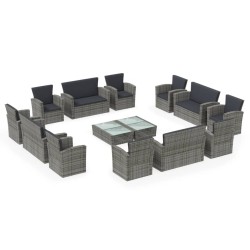 vidaXL Set de muebles de jardín 16 pzas y cojines ratán sintético gris