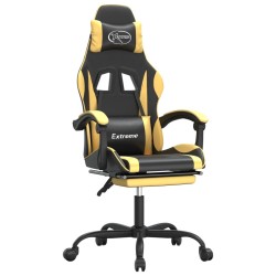 vidaXL Silla gaming giratoria reposapiés cuero sintético negro dorado