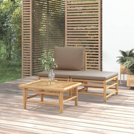 vidaXL Set de muebles de jardín 3 piezas bambú y cojines gris taupe