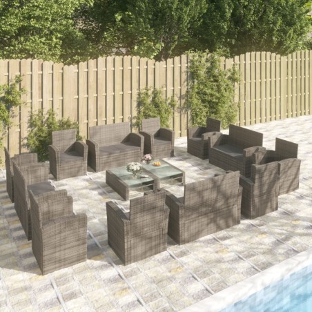 vidaXL Set de muebles de jardín 16 pzas y cojines ratán sintético gris