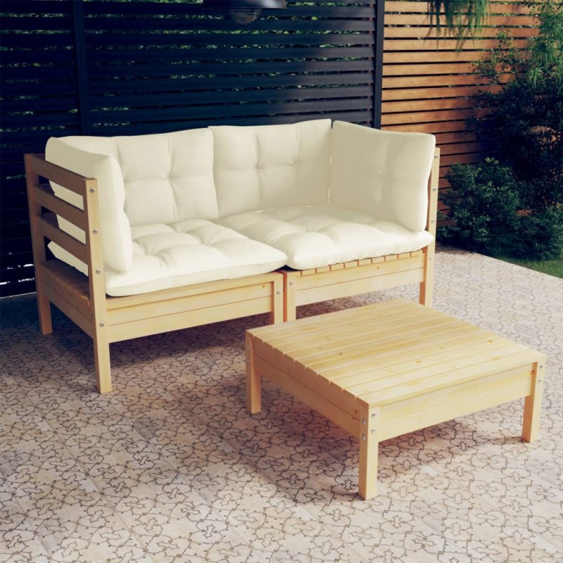 vidaXL Muebles de jardín 3 piezas cojines madera de pino crema