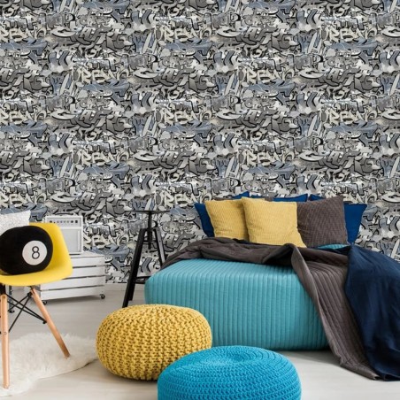 Noordwand Papel de pared Good Vibes Graffiti gris y azul