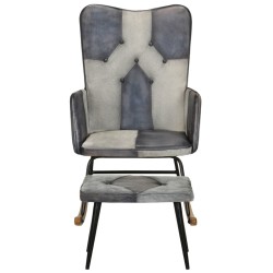 vidaXL Mecedora con taburete cuero auténtico y lona gris