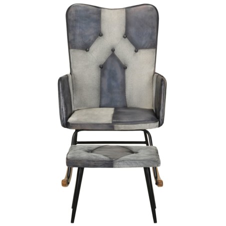 vidaXL Mecedora con taburete cuero auténtico y lona gris