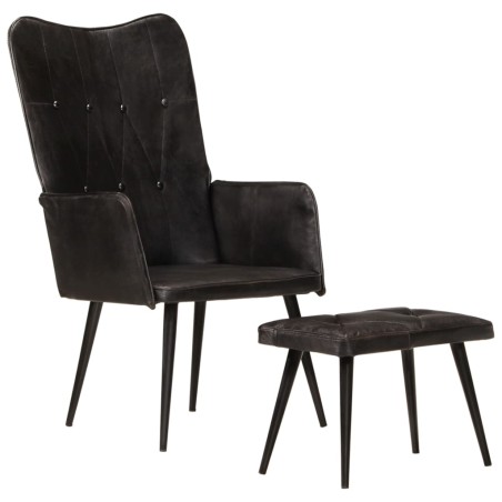 vidaXL Sillón orejero con reposapiés cuero auténtico negro
