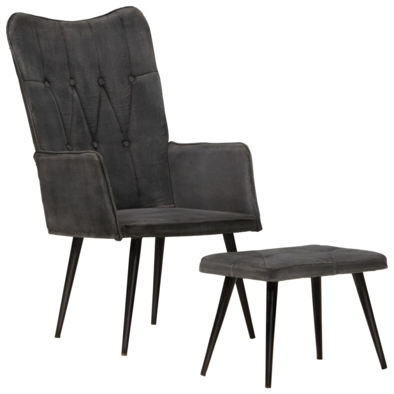 vidaXL Sillón orejero con reposapiés lona negro vintage vidaXL Sillón orejero con reposapiés lona negro vintage