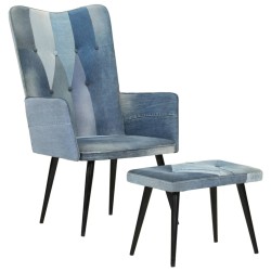vidaXL Sillón con reposapiés lona patchwork azul vaquero