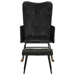 vidaXL Mecedora con taburete cuero auténtico negro