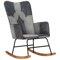 vidaXL Mecedora de cuero auténtico y lona gris