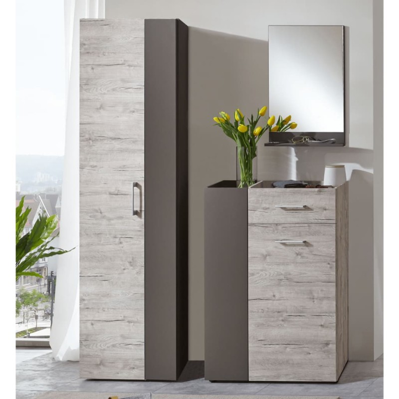 FMD Cómoda con 2 puertas y 1 cajón color roble arena y gris lava FMD Cómoda con 2 puertas y 1 cajón color roble arena y gris lava