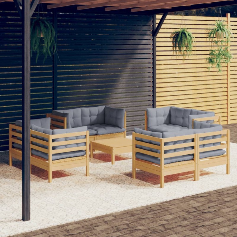 vidaXL Juego de muebles de jardín 9 pzas y cojines madera pino gris vidaXL Juego de muebles de jardín 9 pzas y cojines madera pino gris