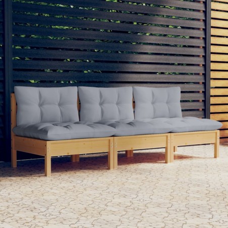 vidaXL Sofá de jardín de 3 plazas con cojines madera maciza pino gris