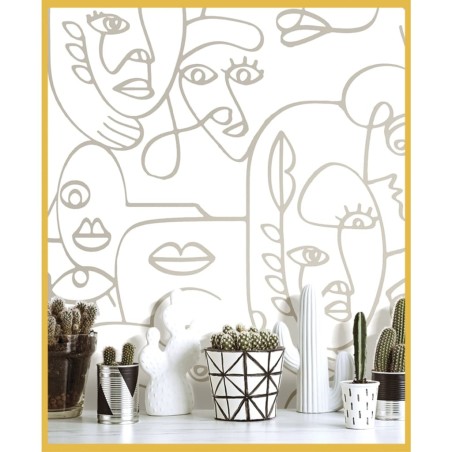 Noordwand Papel pintado Friends&Coffee Line Art Faces blanco y metal