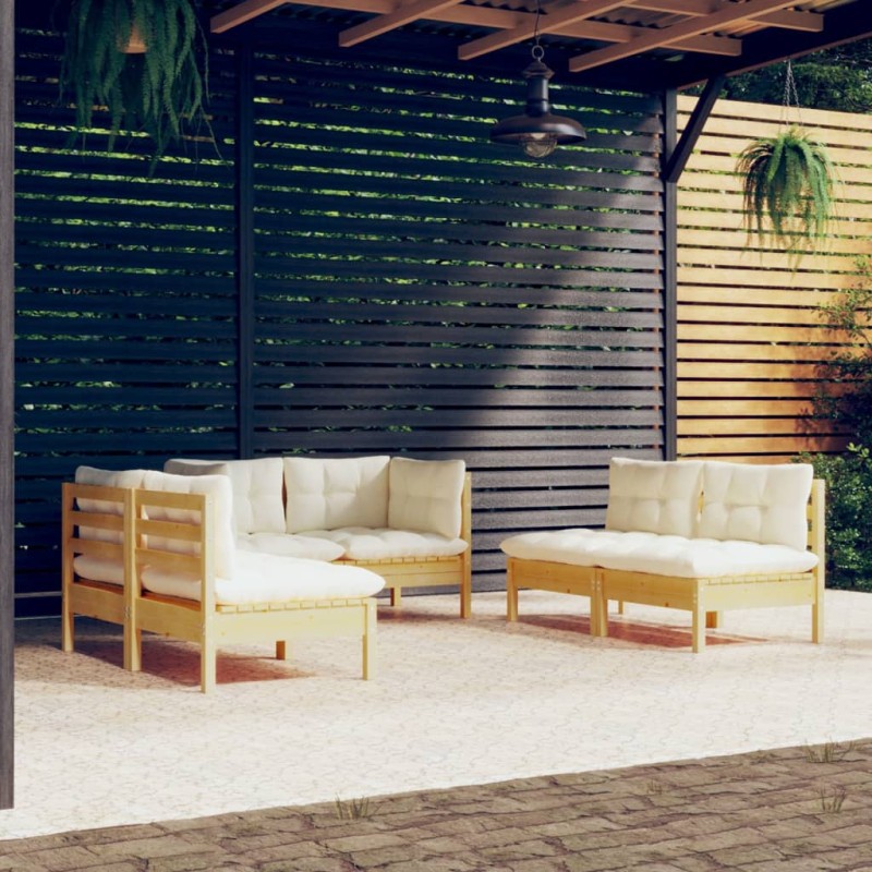 vidaXL Muebles de jardín 6 pzas y cojines madera maciza de pino crema vidaXL Muebles de jardín 6 pzas y cojines madera maciza de pino crema