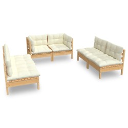 vidaXL Muebles de jardín 6 pzas y cojines madera maciza de pino crema