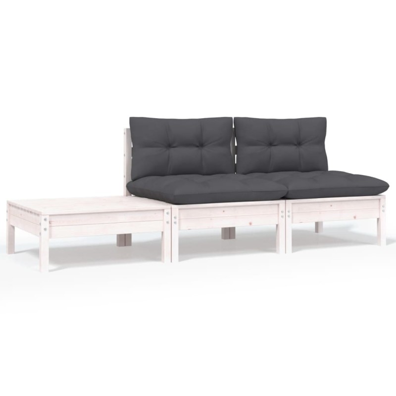 vidaXL Muebles de jardín 3 pzas y cojines blanco madera maciza pino vidaXL Muebles de jardín 3 pzas y cojines blanco madera maciza pino