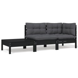 vidaXL Juego muebles jardín 3 pzas y cojines negro madera pino maciza
