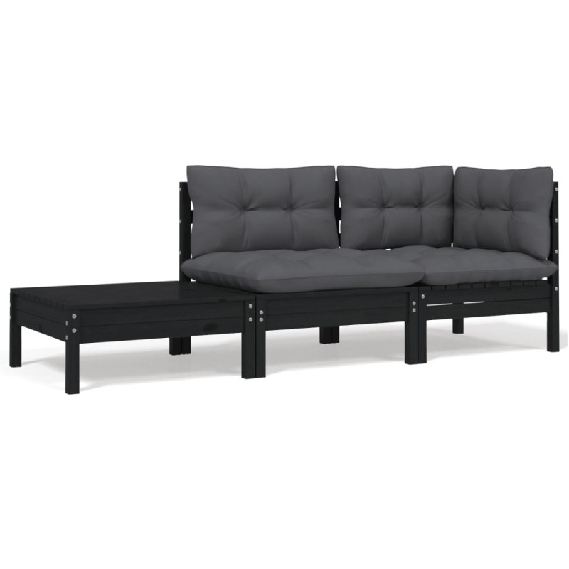 vidaXL Juego muebles jardín 3 pzas y cojines negro madera pino maciza vidaXL Juego muebles jardín 3 pzas y cojines negro madera pino maciza