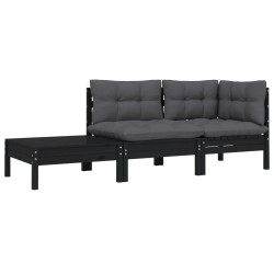 vidaXL Juego muebles jardín 3 pzas y cojines negro madera pino maciza