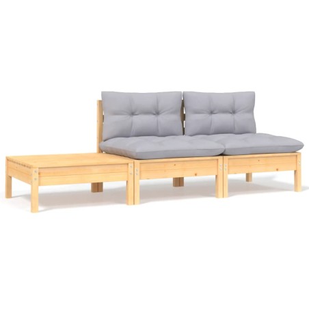 vidaXL Juego de muebles de jardín 3 pzas con cojines gris madera pino