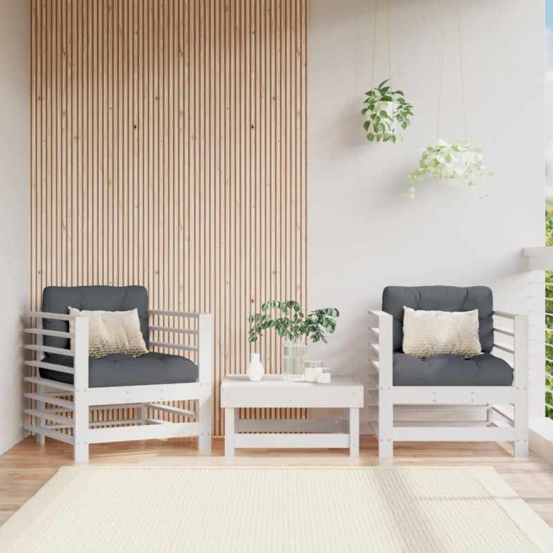 vidaXL Sillones de jardín con cojines 2 uds madera maciza pino blanco vidaXL Sillones de jardín con cojines 2 uds madera maciza pino blanco