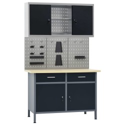 vidaXL Banco de trabajo con tres paneles de pared y un armario