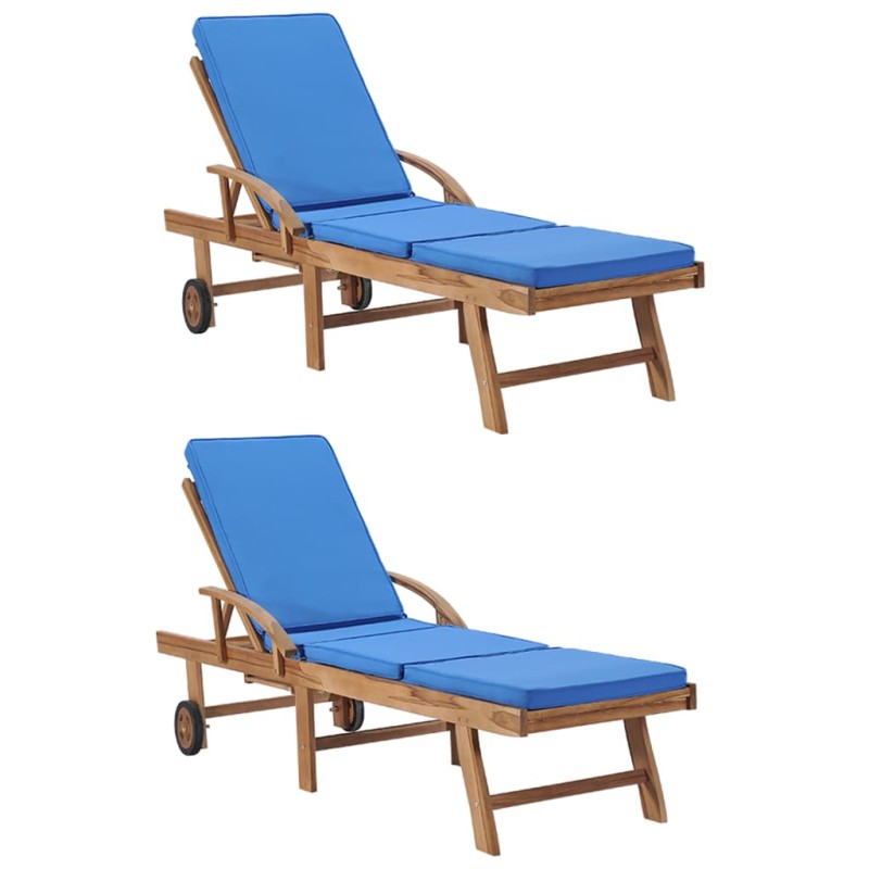 vidaXL Tumbonas con cojín 2 uds madera maciza de teca azul vidaXL Tumbonas con cojín 2 uds madera maciza de teca azul