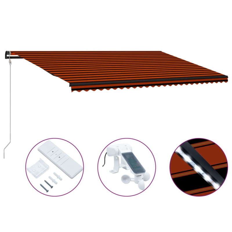vidaXL Toldo retráctil sensor de viento y LED naranja marrón 600x300cm vidaXL Toldo retráctil sensor de viento y LED naranja marrón 600x300cm