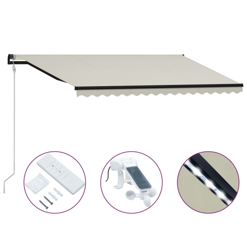 vidaXL Toldo retráctil sensor de viento y LED color crema 400x300 cm vidaXL Toldo retráctil sensor de viento y LED color crema 400x300 cm