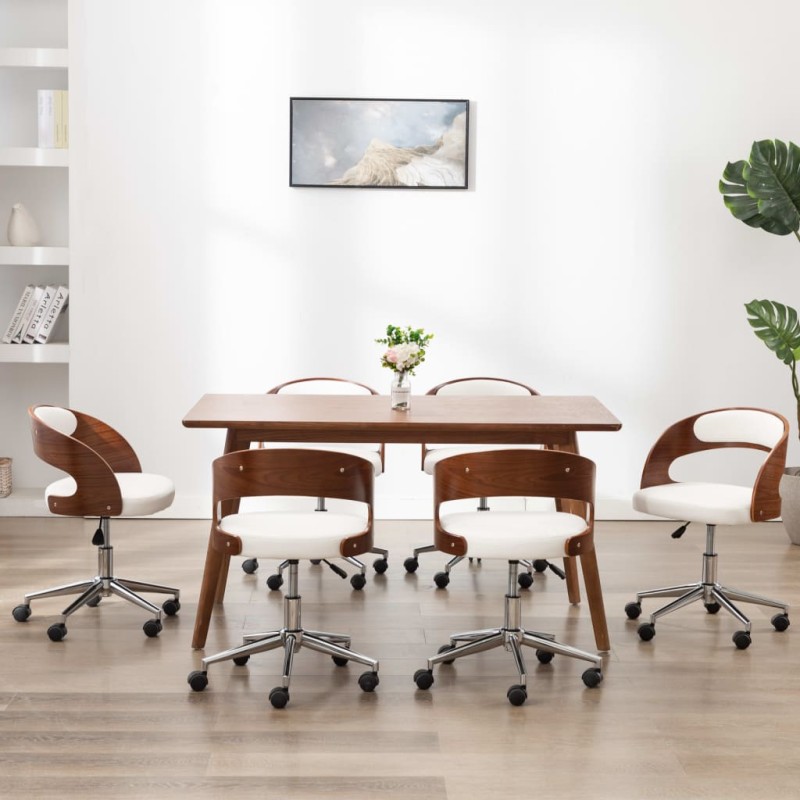 vidaXL Sillas de comedor giratorias 6 uds madera curvada cuero blanco