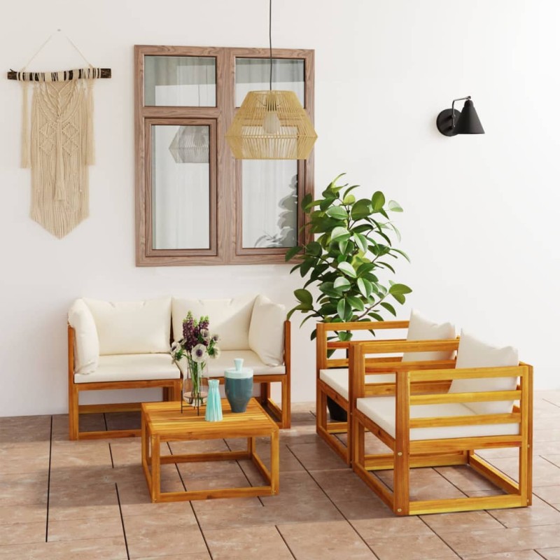 vidaXL Muebles de jardín 5 pzas cojines crema madera maciza de acacia vidaXL Muebles de jardín 5 pzas cojines crema madera maciza de acacia