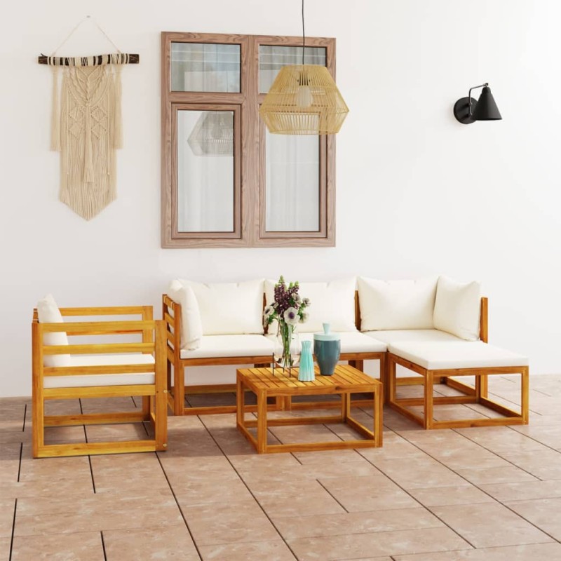 vidaXL Muebles de jardín 6 pzas cojines crema madera maciza de acacia vidaXL Muebles de jardín 6 pzas cojines crema madera maciza de acacia