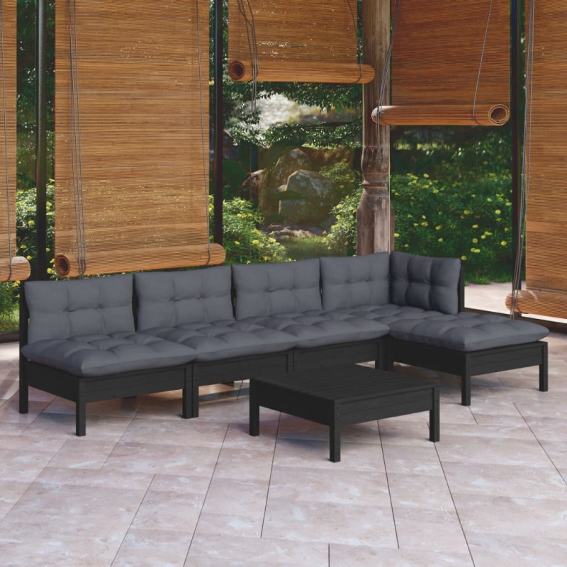 vidaXL Muebles de jardín 6 pzas con cojines negro madera de pino vidaXL Muebles de jardín 6 pzas con cojines negro madera de pino