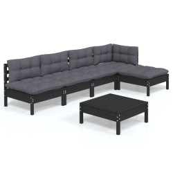 vidaXL Muebles de jardín 6 pzas con cojines negro madera de pino