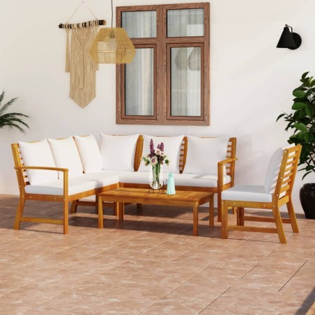 vidaXL Muebles de jardín 5 pzas cojines crema madera maciza de acacia 