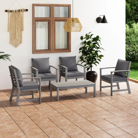 vidaXL Muebles de jardín 5 pzas cojines gris madera maciza de acacia 