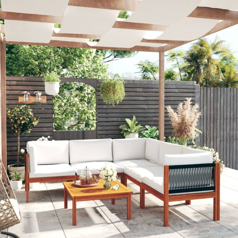 vidaXL Muebles de jardín 6 pzas cojines crema madera maciza de acacia vidaXL Muebles de jardín 6 pzas cojines crema madera maciza de acacia
