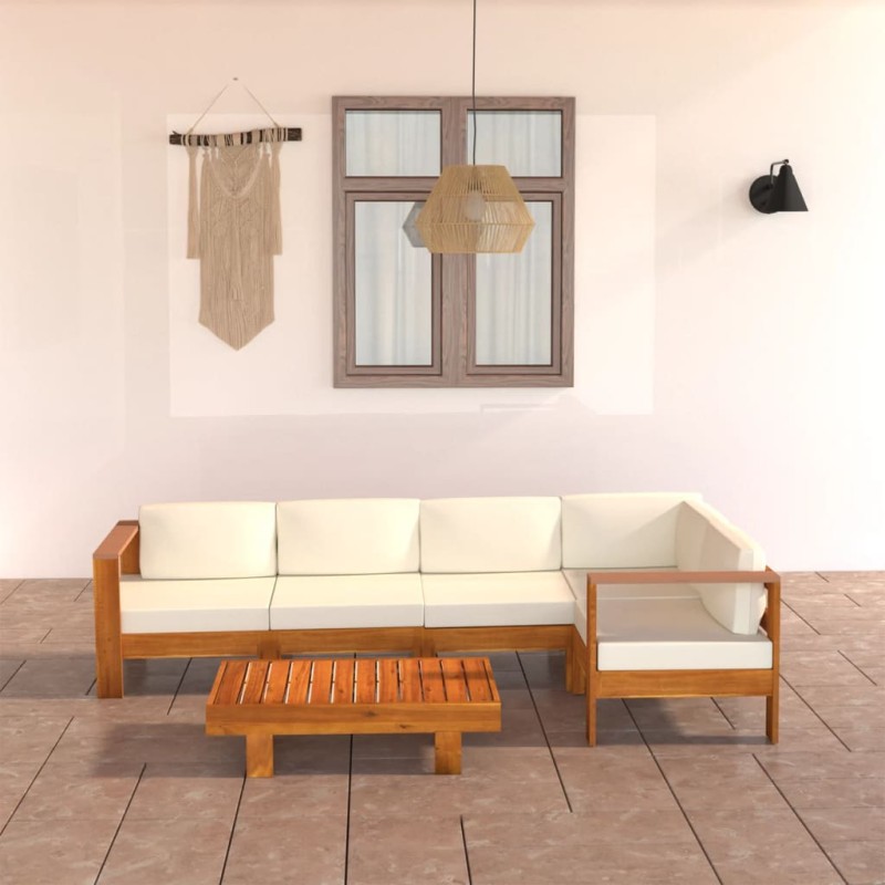 vidaXL Muebles de jardín 6 pzas cojines blanco crema madera de acacia vidaXL Muebles de jardín 6 pzas cojines blanco crema madera de acacia