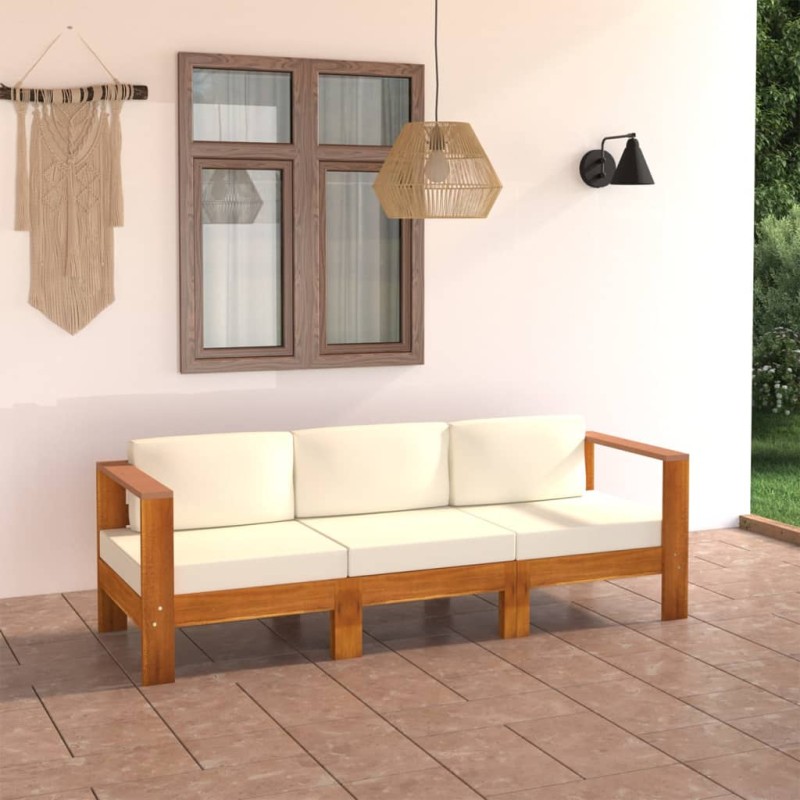 vidaXL Sofá de jardín de 3 plazas con cojín crema madera maciza acacia vidaXL Sofá de jardín de 3 plazas con cojín crema madera maciza acacia