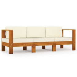 vidaXL Sofá de jardín de 3 plazas con cojín crema madera maciza acacia