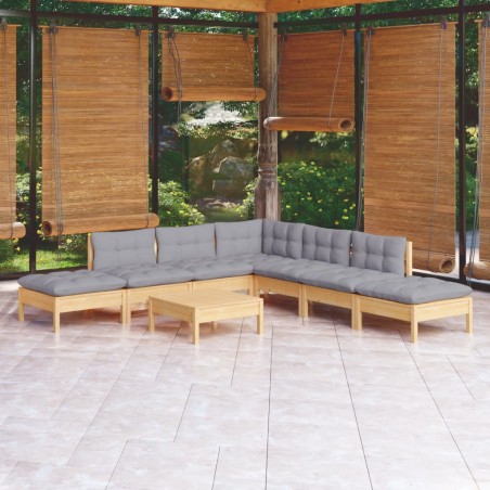 vidaXL Juego de muebles de jardín 8 pzas y cojines madera pino gris