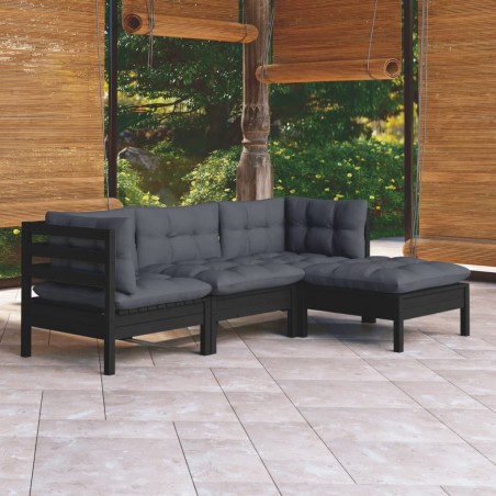 vidaXL Muebles de jardín 4 pzas con cojines negro madera de pino